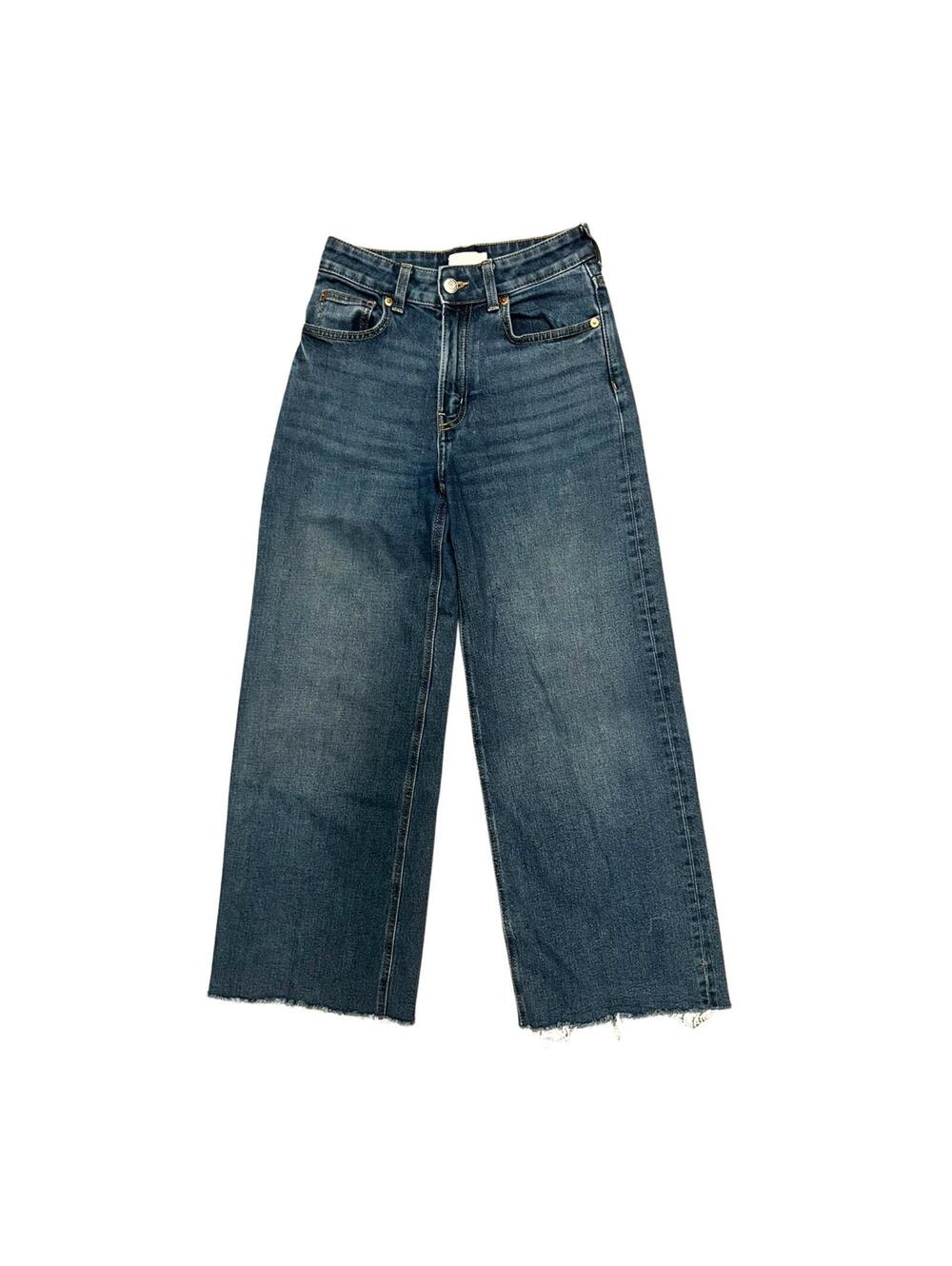 H&M Wide Leg Cropped Jeans High Rise Raw Hem Blue Denim Womens Size 2 EU34